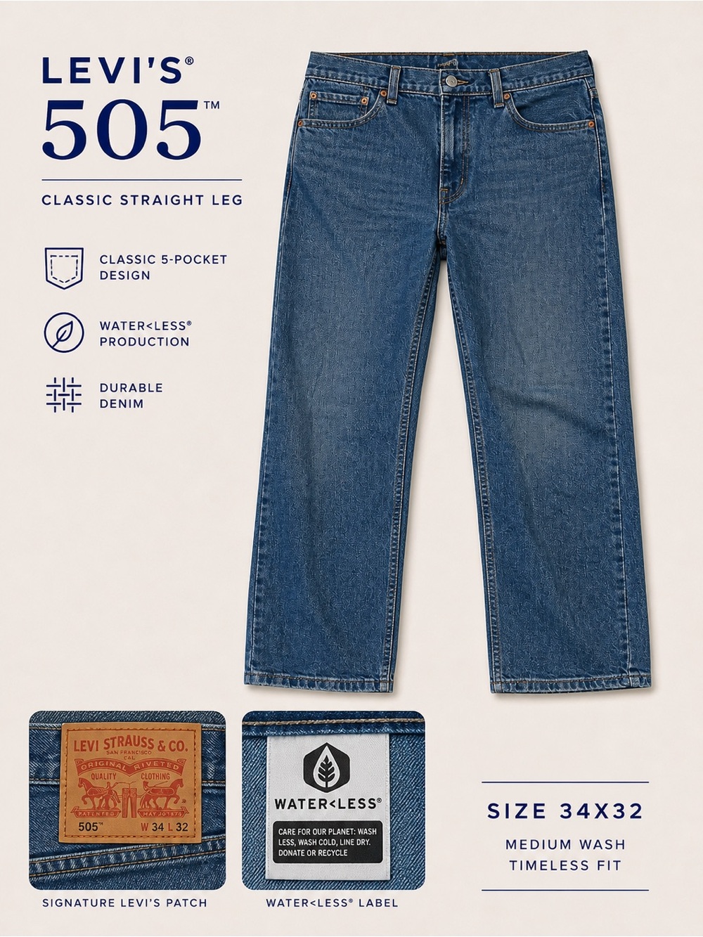 Levi’s 505 Jeans Men’s 34x32 Medium Dark Wash Straight Leg Classic Fit Denim